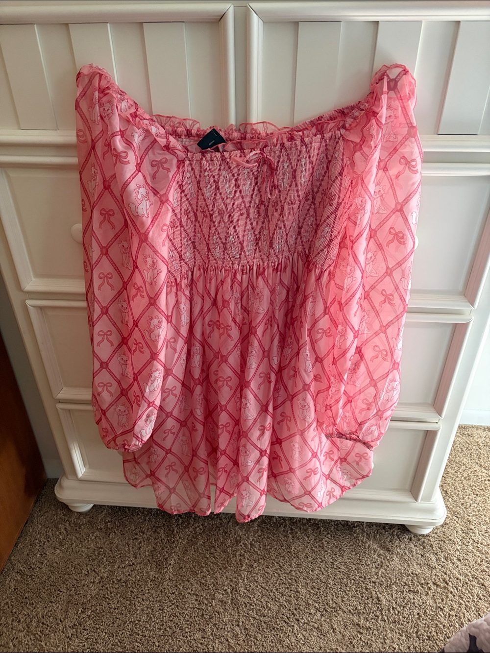 Sheer Pink Off-Shoulder Long Sleeve Dress with Smocked Bodice